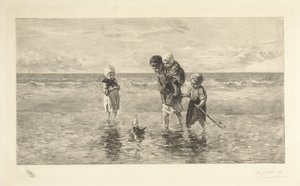 Vier kinderen spelen met speelgoedbootje op het strand in ondiep zeewater door Carel Lodewijk Dake