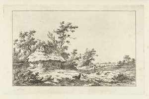 Man met hark bij een schuur Landschappen (A-F) (serie) door Carel Lodewijk Hansen