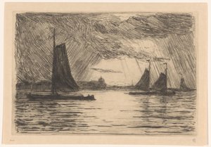 Gezicht op de Maas bij Dordrecht bij avond door Carel Nicolaas Storm van 