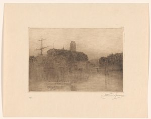 Gezicht op de Nieuwe Haven in Dordrecht bij avond door Carel Nicolaas Storm van 