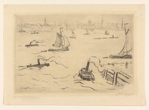 Rivier met schepen bij een stad door Carel Nicolaas Storm van 