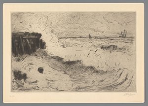 Wilde zee met een zeilschip bij een pier
