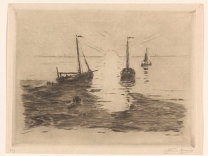 Zeegezicht met zeilboten en ondergaande zon