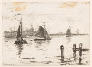 Vissersschepen op de Maas voor Dordrecht door Carel Nicolaas Storm van 