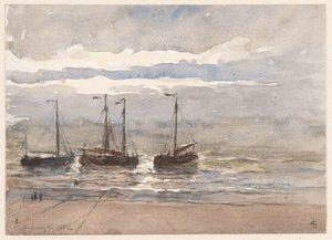 Vissersschepen op het strand van Katwijk bij opkomende vloed