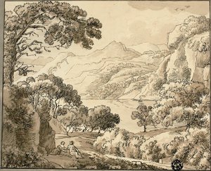 Bergmeer met twee figuren door Carl August Lebschee