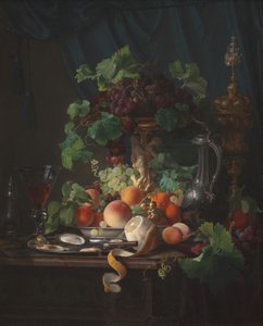 Stilleven met wijnglas, oesters, citroen en ander fruit door Carl Balsgaard
