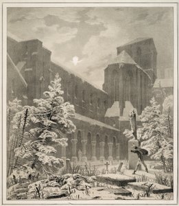 Kerk en kerkhof in de sneeuw bij maanlicht