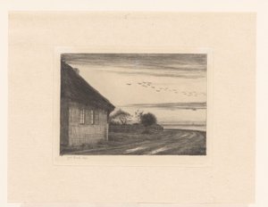 Huis aan landweg aan water door Carl Bloch