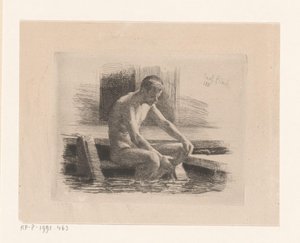 Naakte man, zittend op een trapje aan water