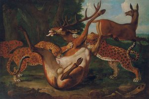Luipaarden die herten aanvallen in een landschap door Carl Borromaus Andreas Ruthart