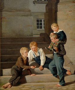 Jonge jongens die dobbelstenen spelen voor Christiansborg Kasteel, Kopenhagen, 1834