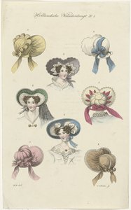 Acht verschillende dameshoeden Hollandsche Klederdragt (series title)