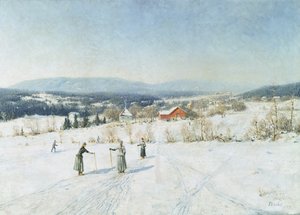 Landschap met skiërs door Carl Edvard Diriks