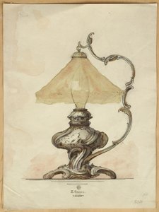 Tekening van een zilveren tafellamp met een gedraaide gegroefde body in rococostijl, Huis van Carl Faberge door Carl Fabergé