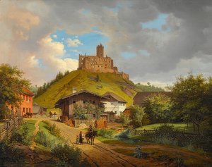 Kasteelruïne Hilgartsberg en uitzicht op Hofmark aan de Donau, 1829