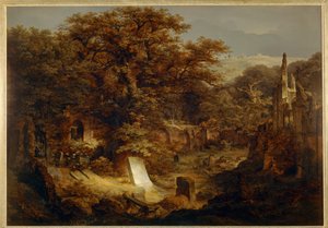 Begraafplaats en ruïnes overwoekerd door bomen ... door Carl Friedrich Lessing
