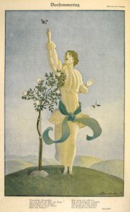 Tekening bij het gedicht "Vorsommertag": Een vrouw die naar een vlinder reikt door Carl Friedrich Otto Lendecke