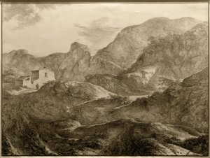 Berglandschap, links een huis met een wandelaar ervoor door Carl Friedrich von Rumohr