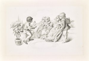 Kinderen in middeleeuws kostuum luisteren naar een zanger door Carl Fröschl