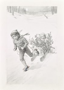 Twee kinderen op reis door een winterlandschap door Carl Fröschl