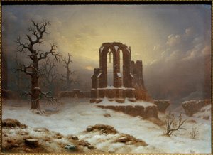 Kerkruïne in de sneeuw