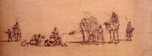 Figuren en kamelen in de woestijn