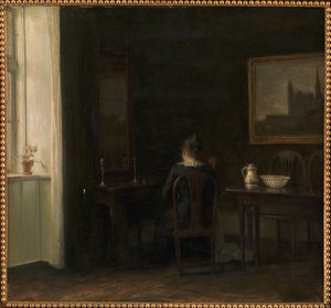 Interieur met de vrouw van de kunstenaar Emilie Heise door Carl Holsoe