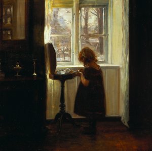 Een Meisje bij een Naaibureau door Carl Holsoe