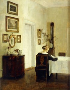 Een vrouw aan een tafel in een interieur door Carl Holsoe