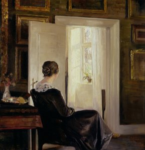 Een vrouw zittend bij een deur door Carl Holsoe