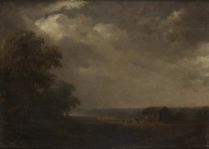 Landschap met huizen en vee door Carl Johan Fahlcrantz
