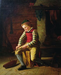 Jongen maakt een houten boot