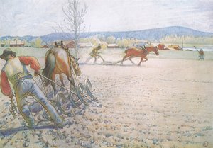 De twee mannen met hun eggen werkten methodisch heen en weer door Carl Larsson