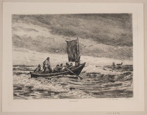 Vissersboot in de branding