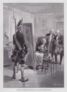Koning Frederik Willem I van Pruisen schildert een grenadier van zijn Potsdamer Riesengarde (Grote Garde van Potsdam) (gravure) door Carl Ludwig Friedrich (after) Becker