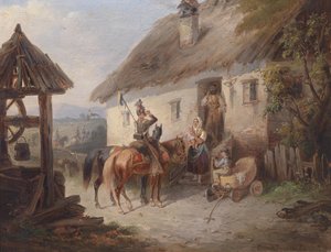 Oostenrijkse ulanen voor een boerderij door Carl Martin Ebersberg
