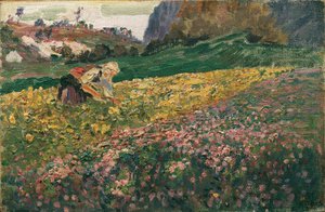 Meisje in de bloemenweide door Carl Moll