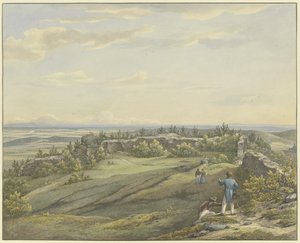 Burchtplein van de ruïne Falkenstein met uitzicht op de Mainvlakte, het Odenwald en de Rijnbergen door Carl Morgenstern