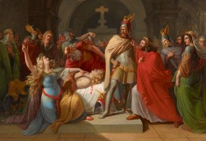 Kriemhild bij het lijk van Siegfried verklaart Hagen als zijn moordenaar en zweert wraak door Carl Rahl