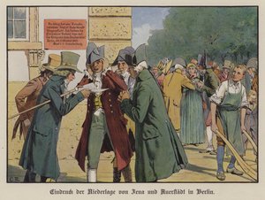 Het effect van het nieuws van de nederlaag van Pruisen in de Slag bij Jena-Auerstadt op de straten van Berlijn (kleur litho)