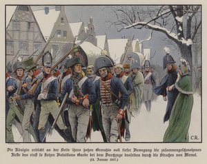 De rest van het Pruisische leger marcheert langs koning Frederik Willem III en koningin Louise door de straten van Memel door Carl Röchling