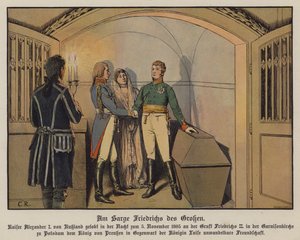Tsaar Alexander I van Rusland bezoekt het graf van Frederik de Grote in Potsdam met koning Frederik Willem III en koningin Louise van Pruisen en zweert zijn onwankelbare vriendschap, 5 november 1805 (kleur litho)