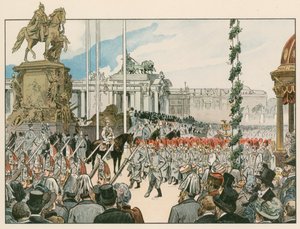 Wilhelm II, Duitse Keizer en Koning van Pruisen (1859-1941), bij de inwijding van het nationale monument in Berlijn in 1897