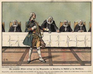 Een Pruisische officier eist de sleutels van de stad van de burgemeester van Gruneberg
