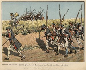 Pruisische musketiers en grenadiers op mars van Mahren naar Kustrin