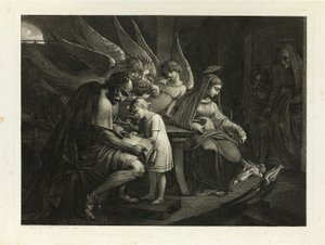 De Heilige Familie Druk Bezig Thuis: Jozef Leert de Jonge Jezus Lezen. Maria Voedt de Duiven. Elizabeth Komt de Kamer Binnen met Johannes door Carl Russ