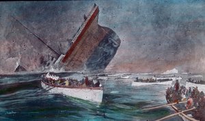 De eerste reis van de Titanic 1912 - het zinken van de Titanic - reddingsboten met overlevenden van de Titanic-ramp, illustratie