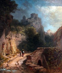 Berglandschap met brug en kasteel