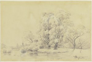 Landschap met bomen aan het water, in de verte de toren van een dorpskerk door Carl Spitzweg